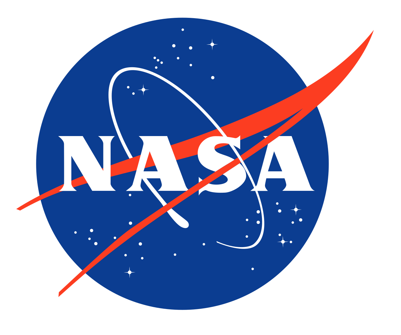 Le logo rond bleu de la NASA avec les lettres N-A-S-A et une orbite rouge.
