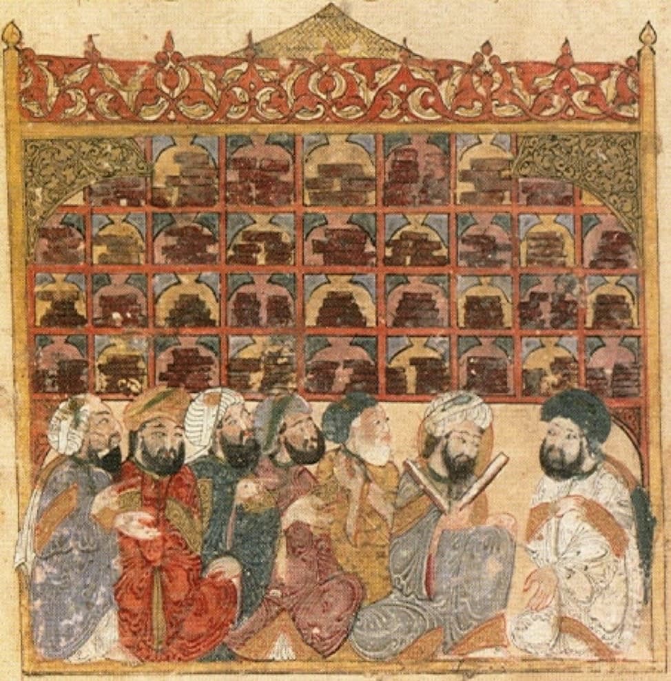 A medieval manuscript illustration showing a library interior with scholars and students among shelves of books.