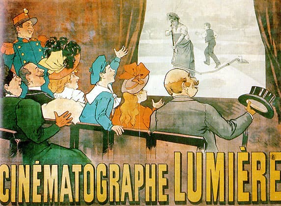 Une affiche illustrée de 1896 pour le Cinématographe des frères Lumière, montrant un film comique où un jardinier se fait arroser par son propre tuyau.