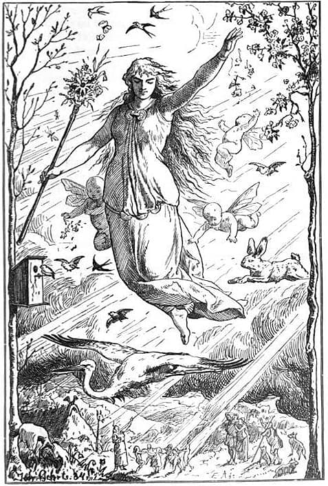 Illustration de 1901 montrant la déesse Ēostre volant dans le ciel, entourée de lumière et de chérubins, avec des gens au sol qui la regardent.