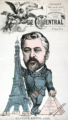 Caricature de presse du XIXe siècle représentant Gustave Eiffel intégré à la tour, publiée après la protestation des artistes.