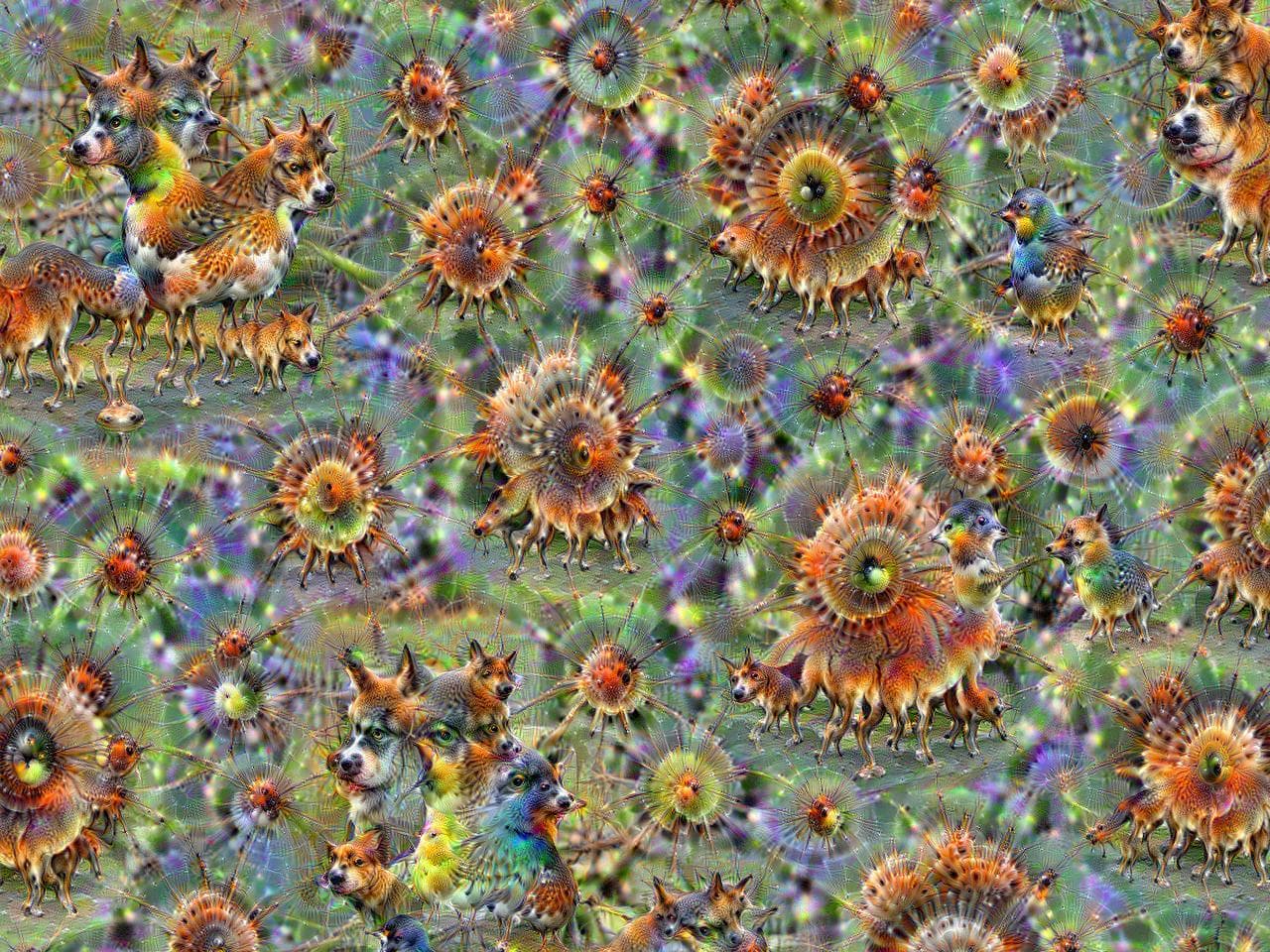 Image générée par l'algorithme DeepDream à partir de bruit blanc, montrant des motifs tourbillonnants et des formes d'yeux et d'animaux émergents.