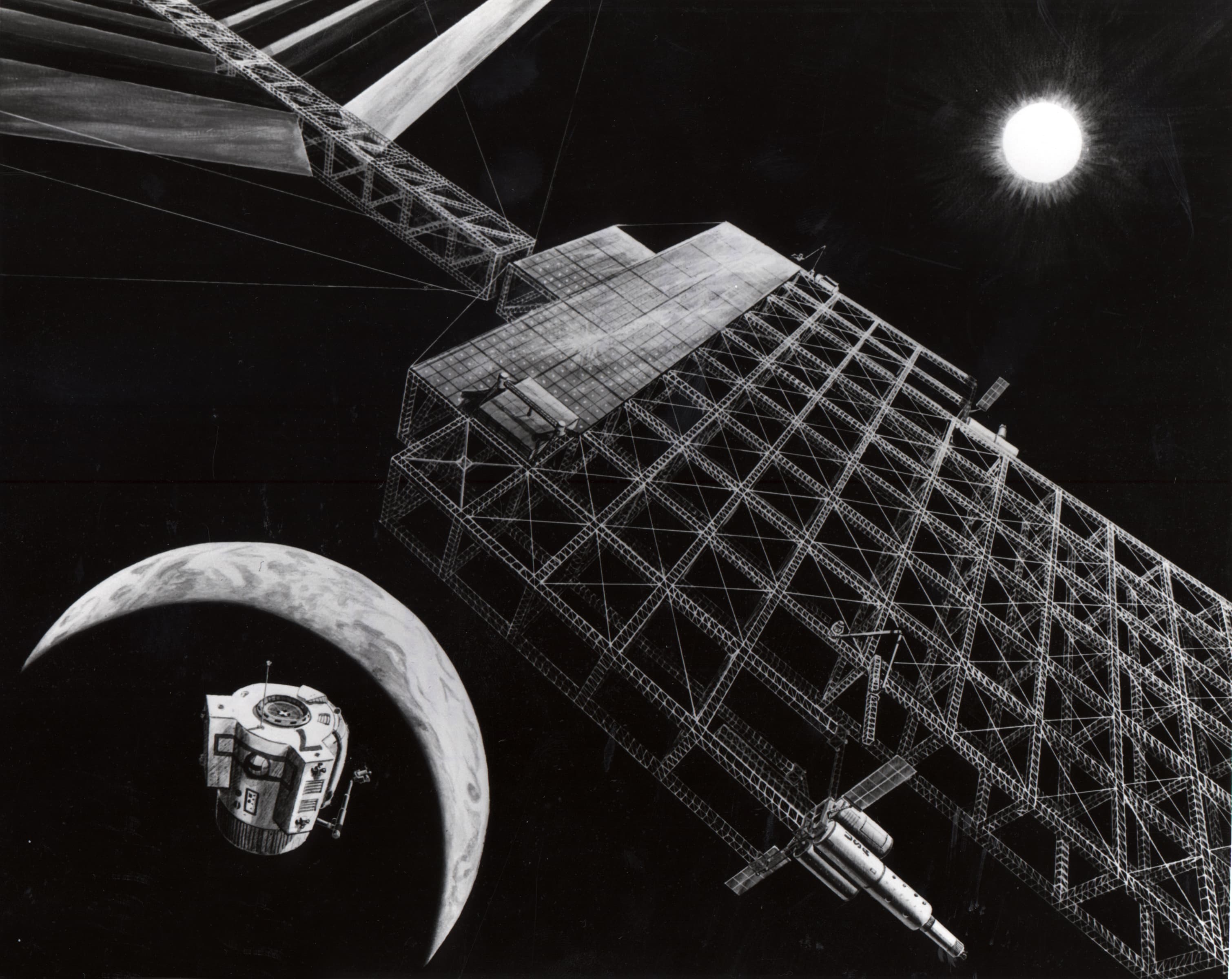 Une illustration de concept de la NASA de 1976 montrant un immense satellite d'énergie solaire avec deux grandes ailes rectangulaires de panneaux solaires en orbite au-dessus de la Terre.