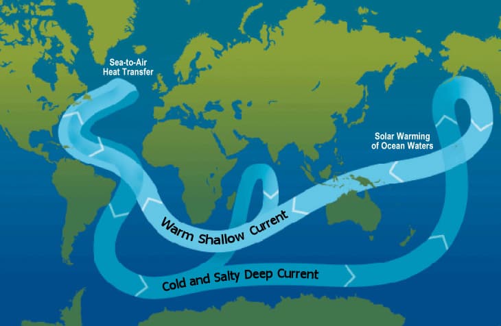 Carte du monde montrant la circulation thermohaline mondiale comme une boucle de tapis roulant reliant tous les bassins océaniques.
