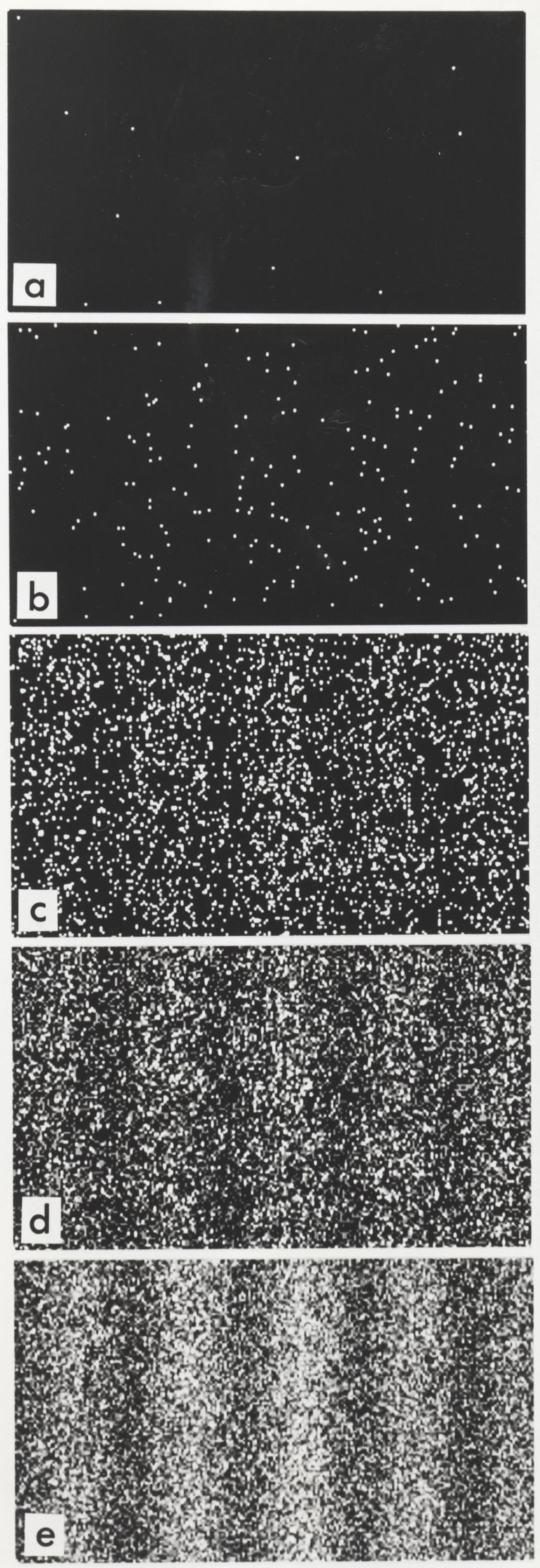 Five successive images showing individual electron impact dots gradually gathering into interference bands.