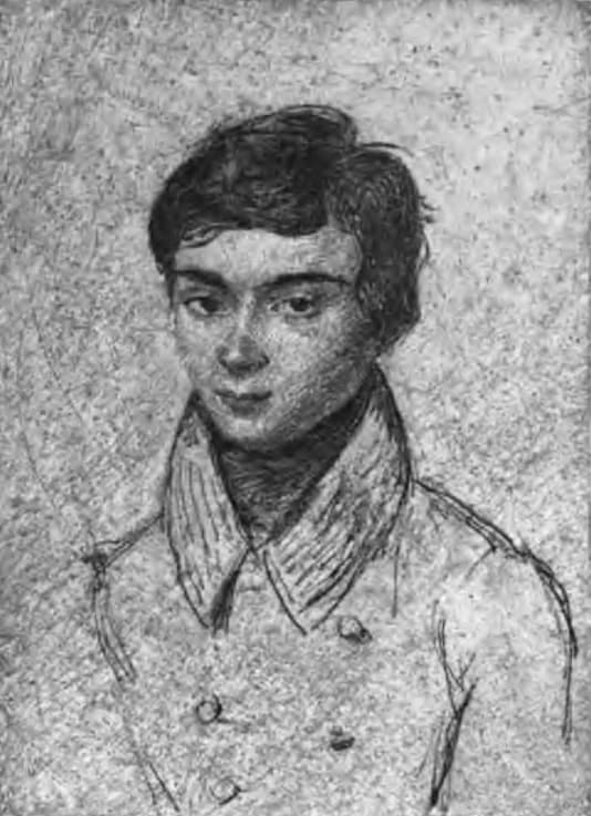 Un portrait dessiné d'un jeune homme aux cheveux bouclés, que l'on croit être Évariste Galois.