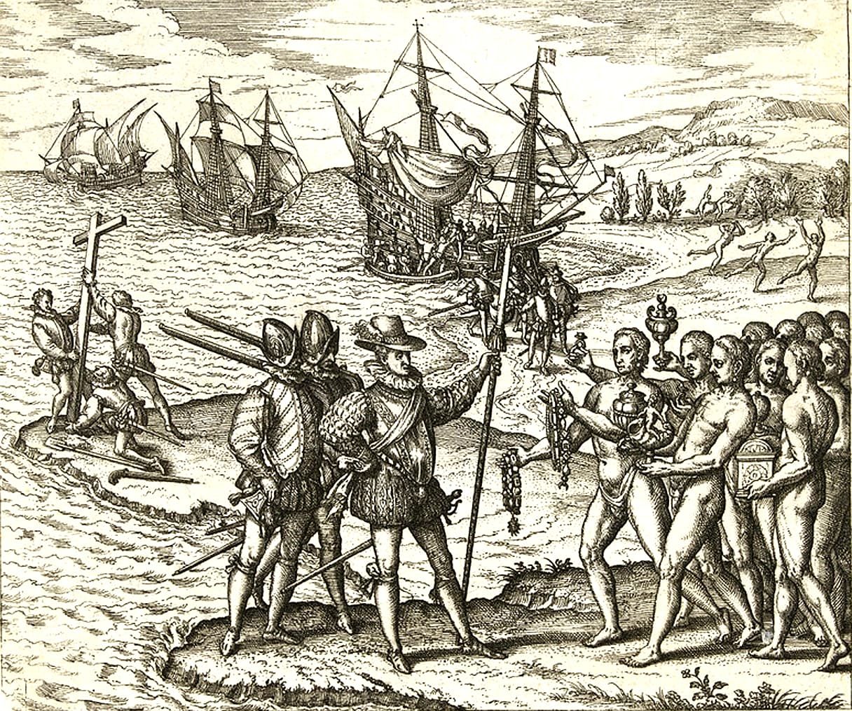 Une gravure de Theodor de Bry montrant Colomb et son équipage débarquant et rencontrant des autochtones, avec des navires à l'ancre derrière eux.