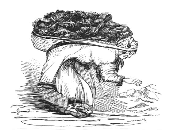 Illustration du XIXe siècle : une femme remonte d'une mine une lourde charge de charbon sur le dos. Elle a témoigné porter plus de 60 kg, souvent dans l'eau jusqu'aux mollets.