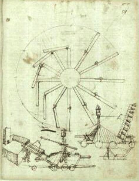 Un dessin à l'encre du XVe siècle d'une machine à mouvement perpétuel à roue déséquilibrée, montrant des bras lestés fixés autour de la jante d'une roue.