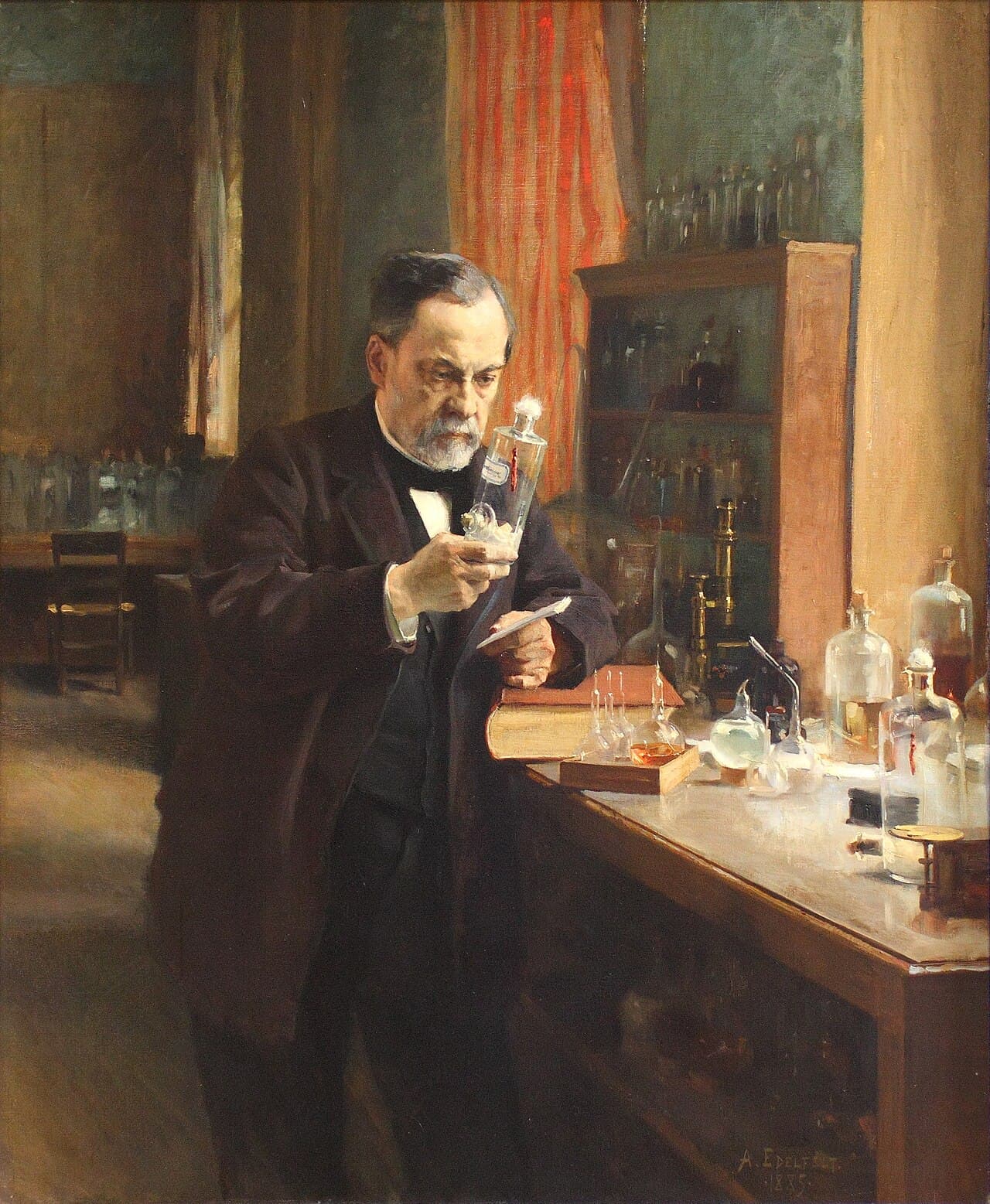 An 1885 oil painting of Louis Pasteur, seated, examining a glass flask in his laboratory.
