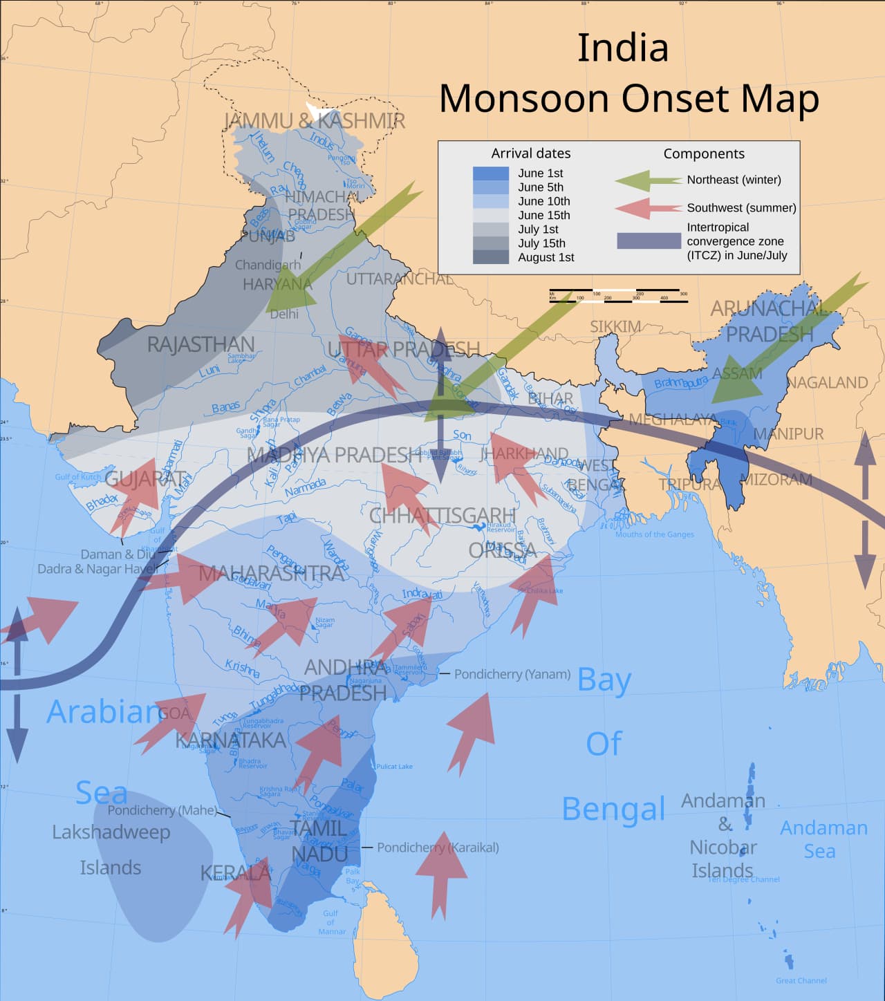 Map showing the typical onset dates of the southwest summer monsoon across India.