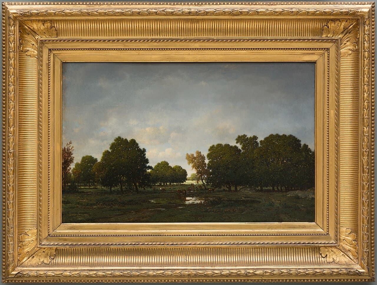 Un paysage de la forêt de Fontainebleau peint par Théodore Rousseau, montrant des arbres et une lumière tachetée, sans aucune scène historique ou mythologique.