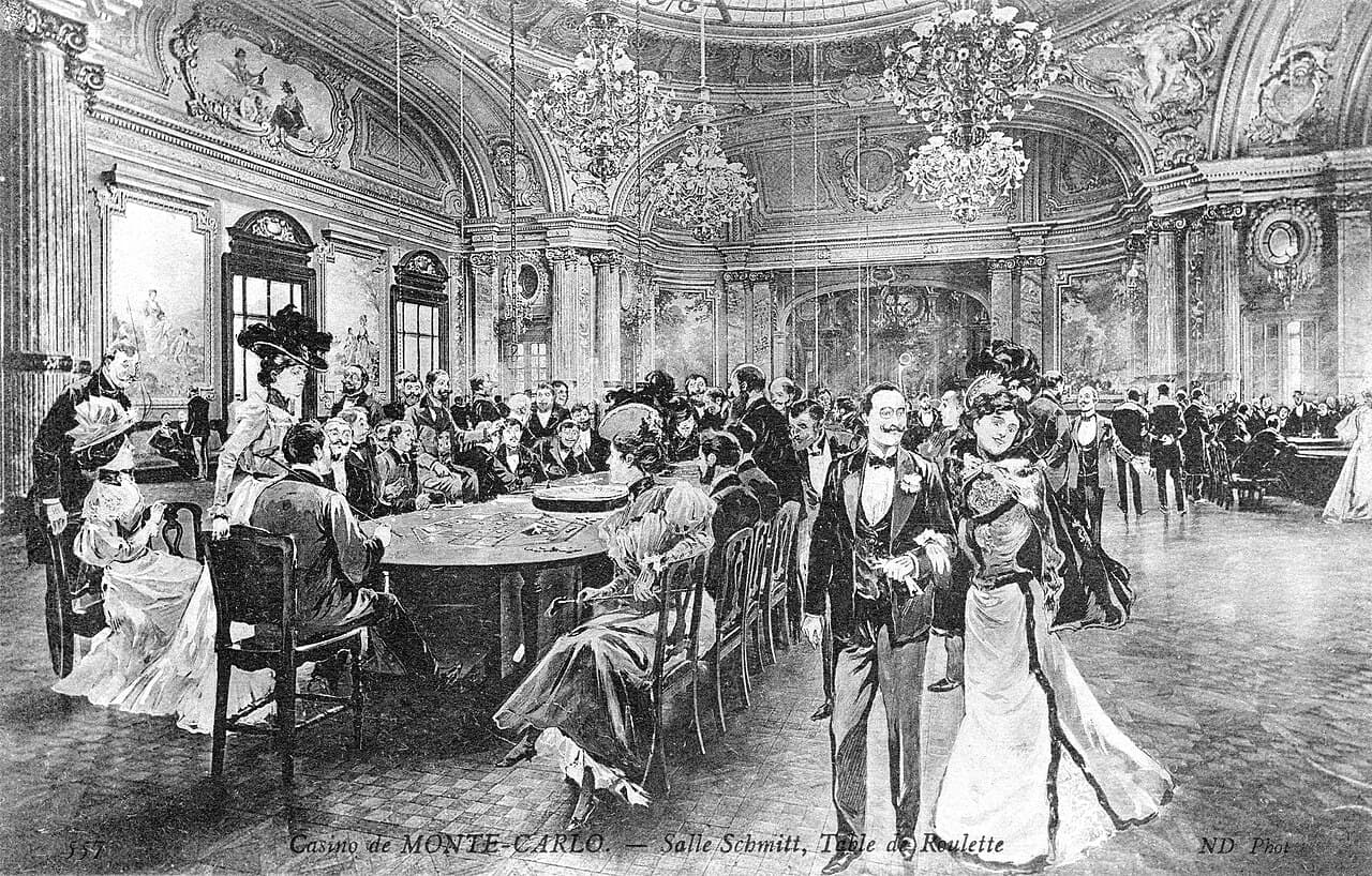 Une carte postale ancienne montrant une table de roulette au Casino de Monte-Carlo.
