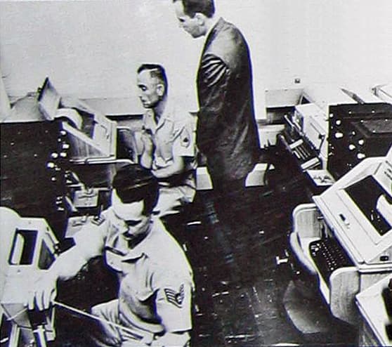 Une pièce équipée de téléscripteurs et de matériel de bureau, terminal américain de la ligne directe.