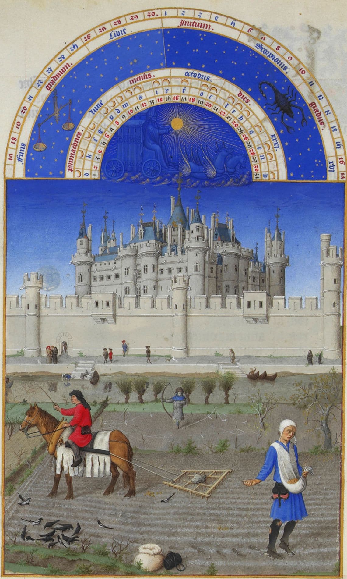 Enluminure médiévale : des paysans sèment un champ au bord d'un fleuve, avec sur l'autre rive un château blanc hérissé de tours et de tourelles.