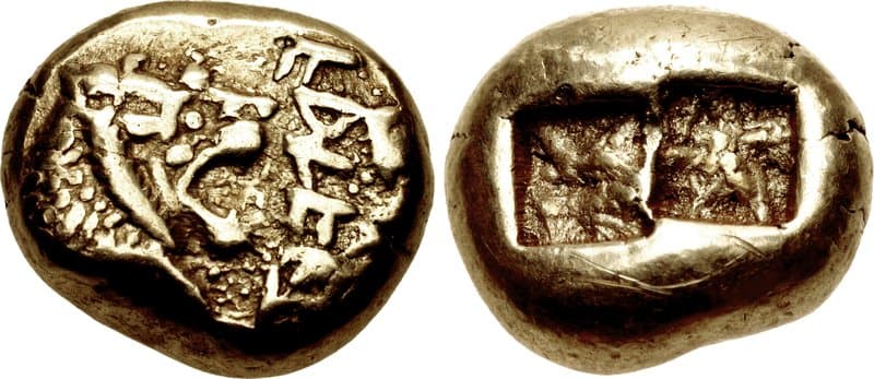 Both sides of a small electrum coin: a roaring lion's head on one side, square punch marks on the other.