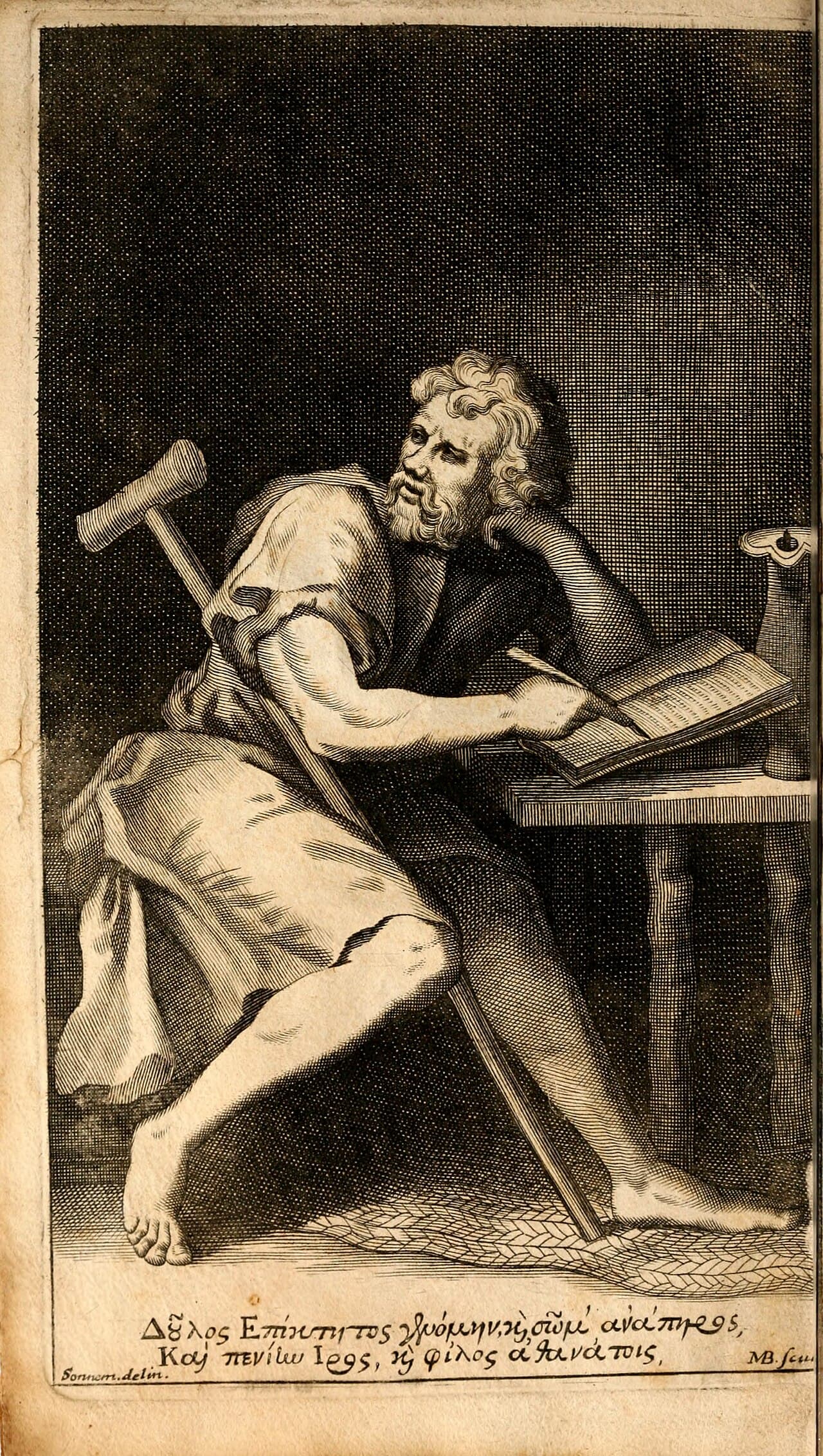 Portrait imaginaire gravé d'Épictète, homme barbu appuyé sur une béquille, tiré d'un livre ancien.