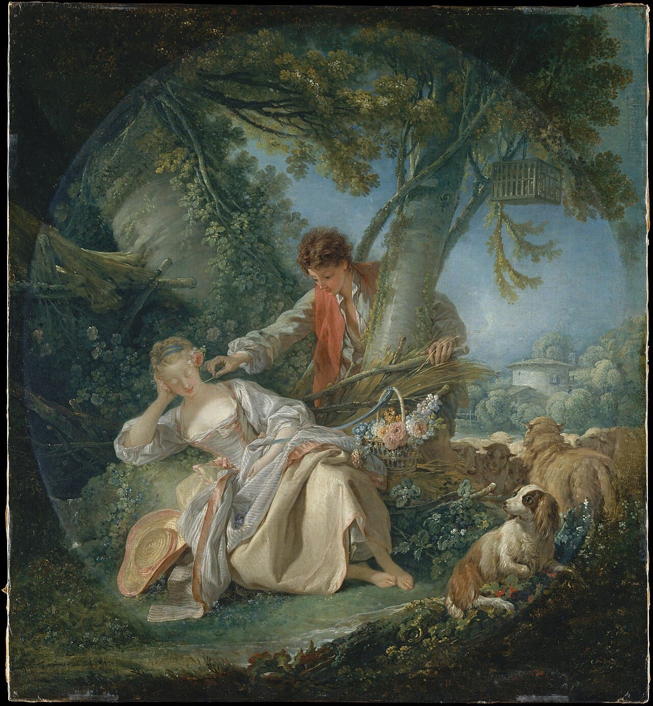 Tableau du XVIIIe siècle : une jeune femme somnole sous un arbre pendant qu'un jeune homme se penche pour lui chatouiller le visage avec une paille, près de moutons et d'un chien.