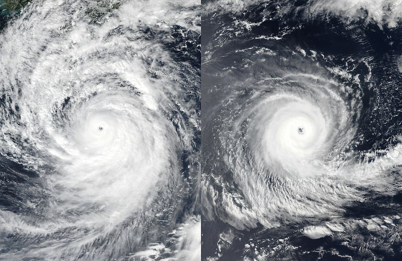 Deux images satellite de cyclones tropicaux côte à côte, l'un dans l'hémisphère Nord tournant dans le sens inverse des aiguilles d'une montre, l'autre dans l'hémisphère Sud tournant dans le sens des aiguilles.