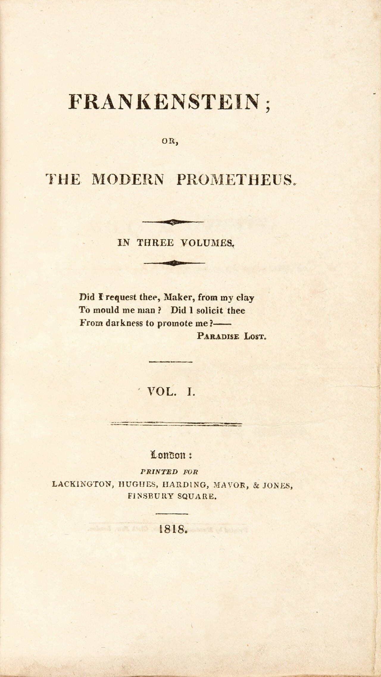 La page de titre de la première édition de Frankenstein, en 1818, imprimée en caractères anciens, publiée anonymement.