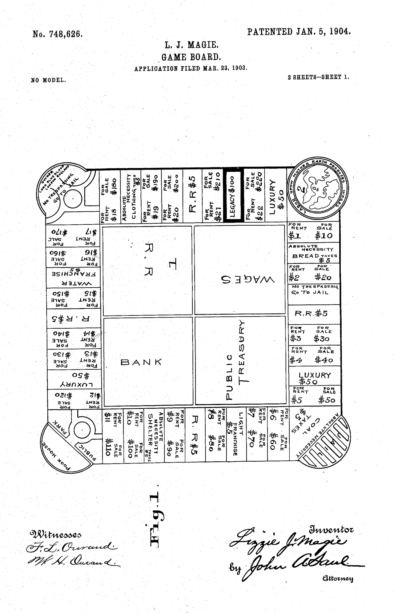Dessin de brevet d'un plateau de jeu carré, avec une piste de cases faisant le tour du bord et des cases d'angle légendées