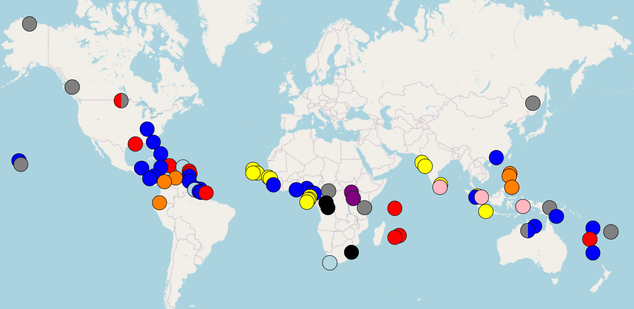 Une carte du monde marquant les emplacements des langues pidgins et créoles, regroupées le long des régions côtières et équatoriales.