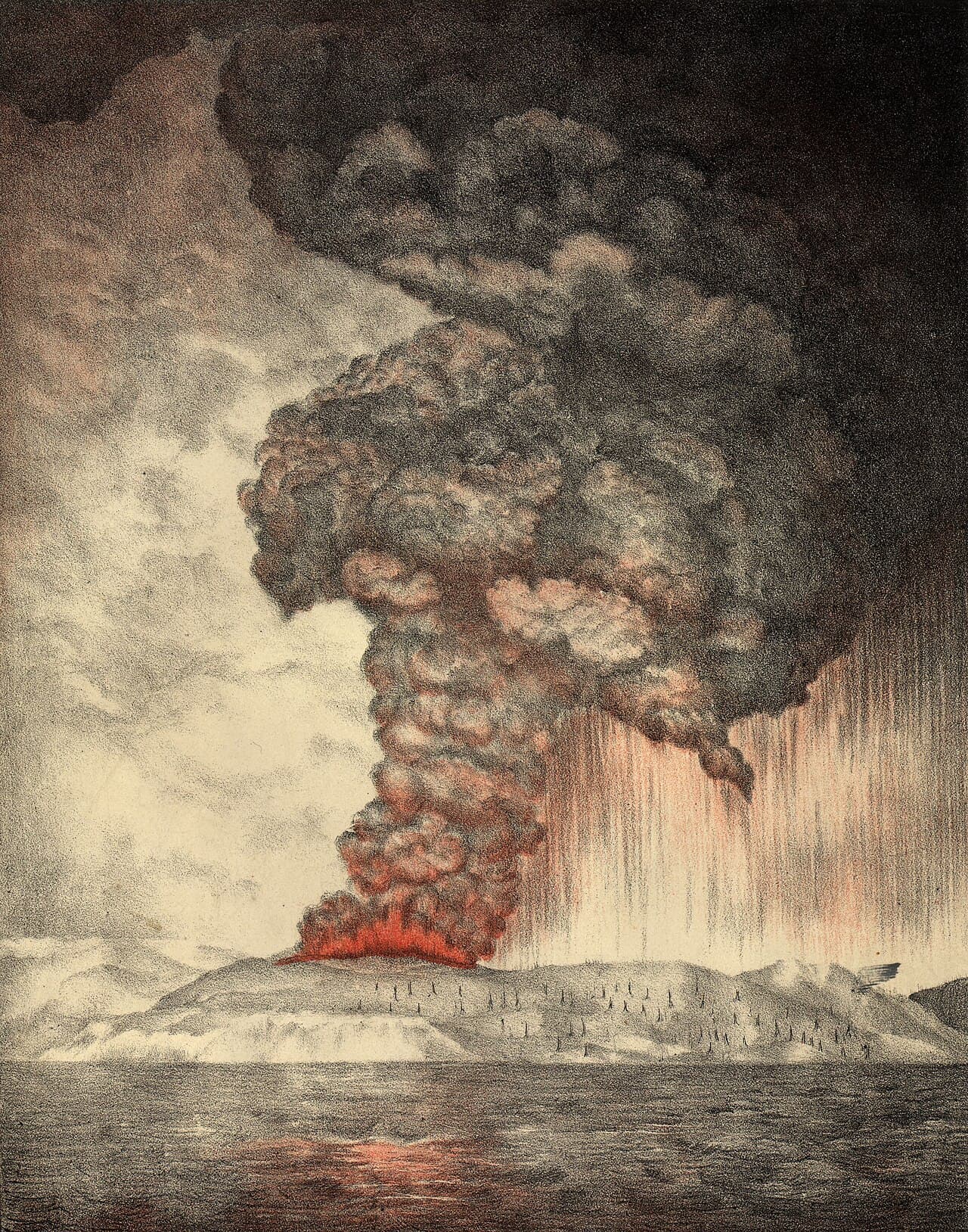 Lithographie colorée du XIXe siècle montrant une île volcanique crachant un haut panache sombre au-dessus de la mer.