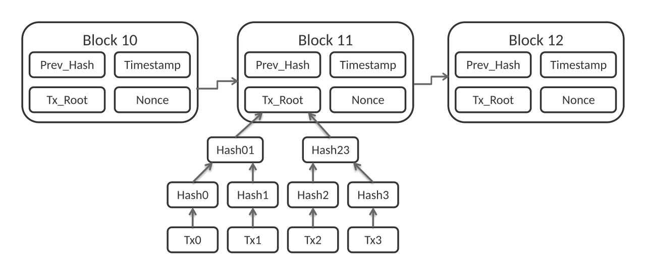 Schéma de trois blocs Bitcoin à la suite ; chacun contient le hash du bloc précédent, un hash racine de ses transactions, un horodatage et un nonce, avec des flèches reliant chaque bloc au précédent.