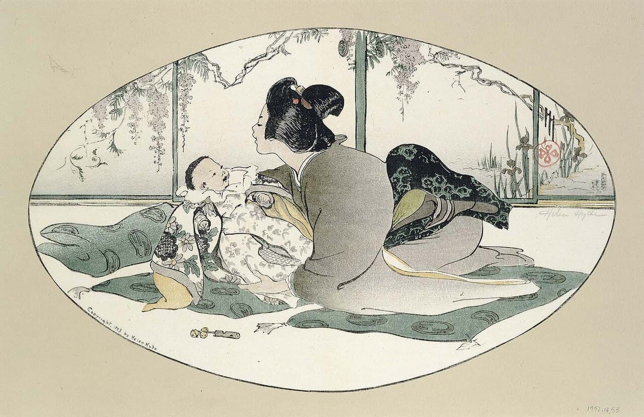Estampe en couleurs de 1908 de Helen Hyde, « Baby Talk » : une femme en kimono, à genoux, se penche vers un bébé souriant allongé sur un coussin.