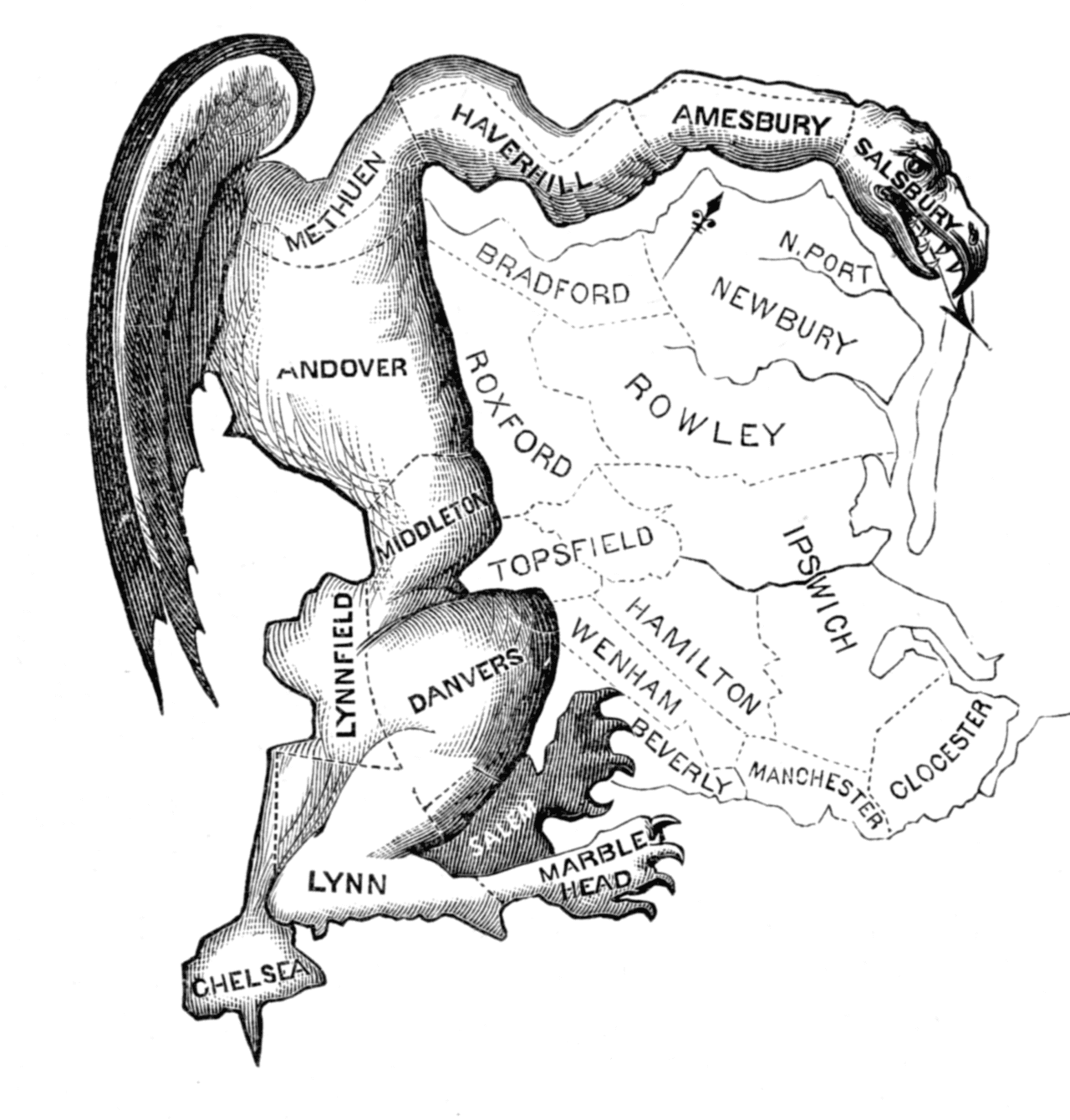 Un vieux dessin en noir et blanc d'une créature ailée, griffue, à tête de dragon, dont le corps a la forme d'une circonscription électorale.