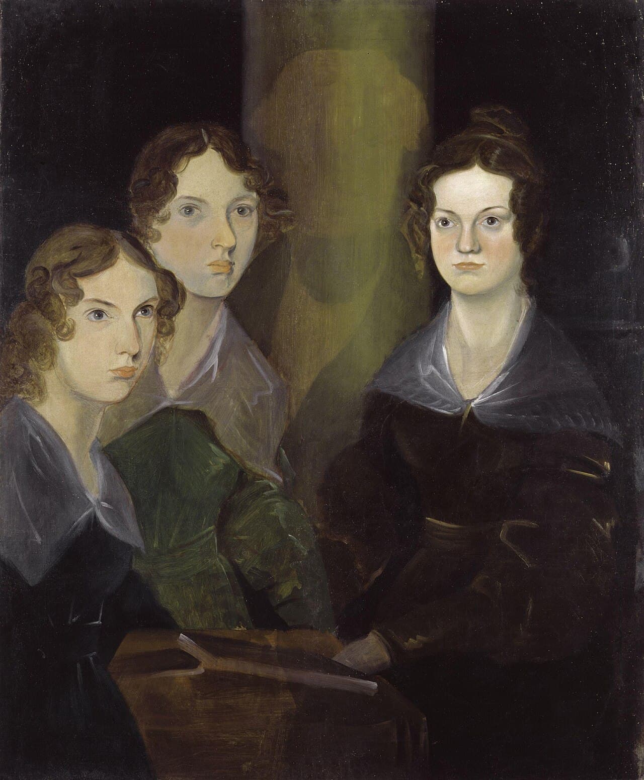 Oil painting of three young women in dark dresses standing side by side, with a faint pillar between them where a figure was painted out.