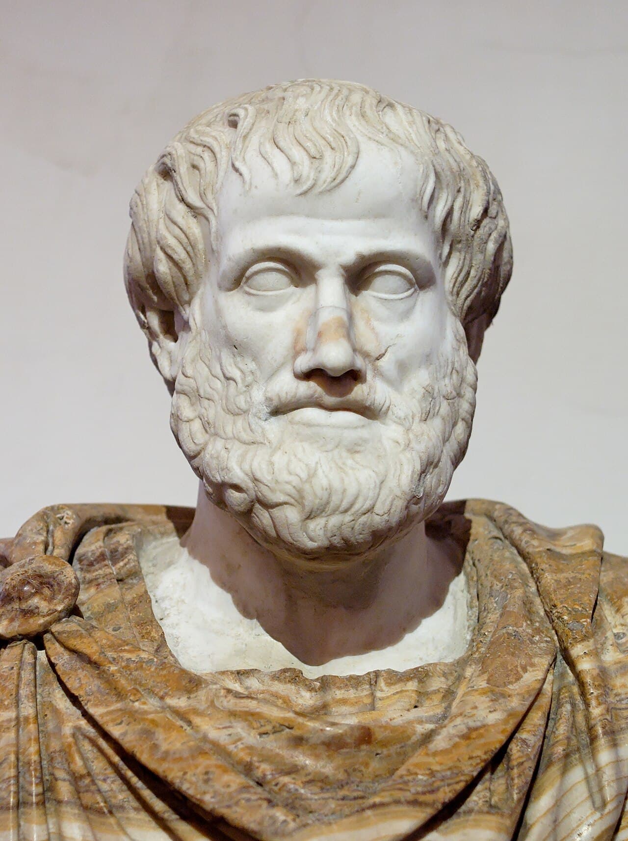 Marble bust of Aristotle, copy of a bronze original, showing a bearded man with a thoughtful expression.