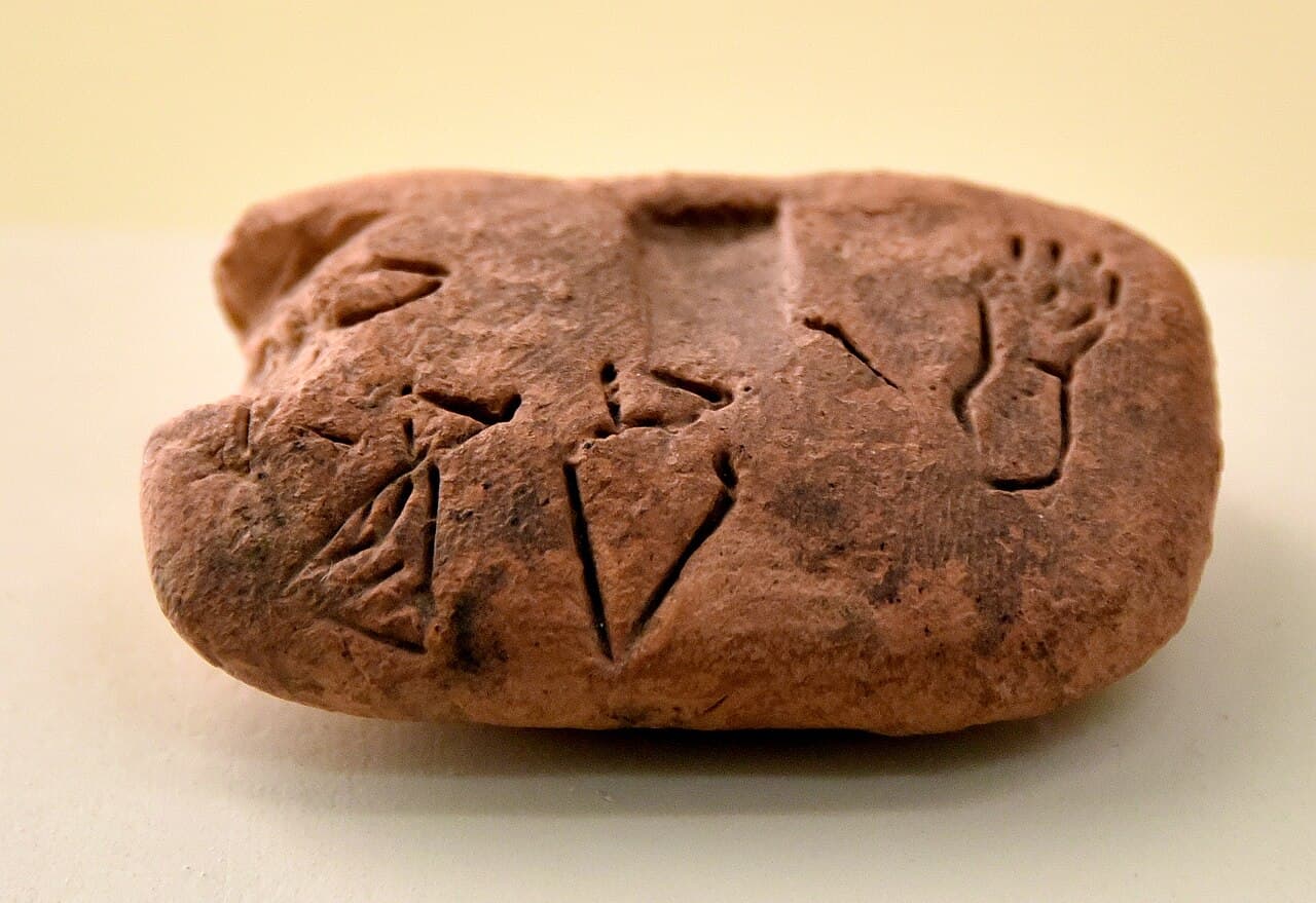 Une petite tablette d'argile ancienne provenant d'Uruk, marquée de symboles de comptage précoces, dont un signe archaïque pour un récipient.
